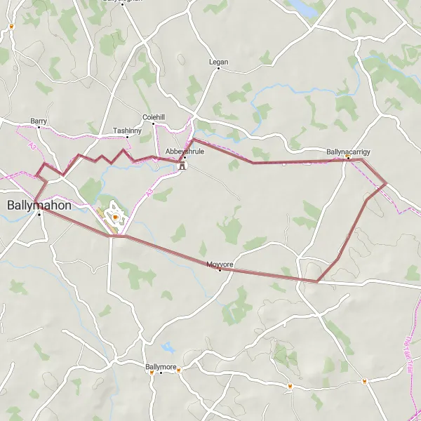 Map miniature of "Gravel Adventure: Taghshinny Loop" cycling inspiration in Eastern and Midland, Ireland. Generated by Tarmacs.app cycling route planner