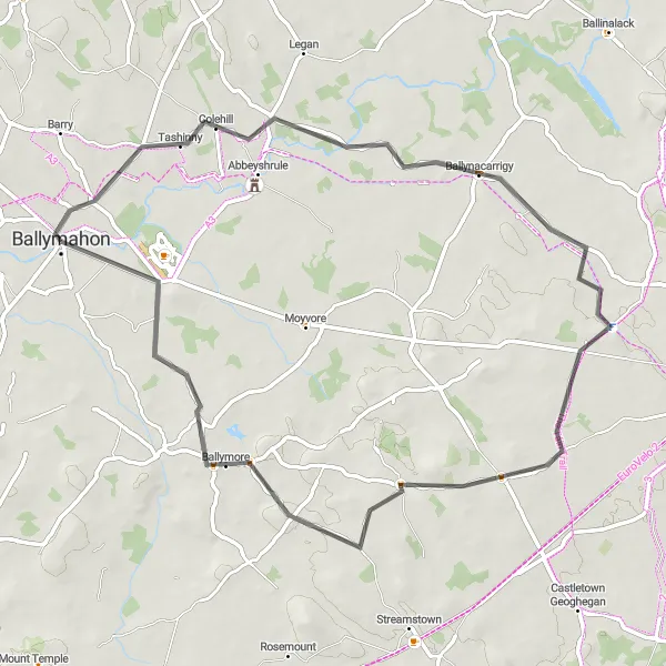 Map miniature of "Taghshinny and Hill of Uisneach Loop" cycling inspiration in Eastern and Midland, Ireland. Generated by Tarmacs.app cycling route planner