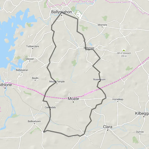 Map miniature of "Roads Less Traveled: Ballymahon to Mount Temple" cycling inspiration in Eastern and Midland, Ireland. Generated by Tarmacs.app cycling route planner