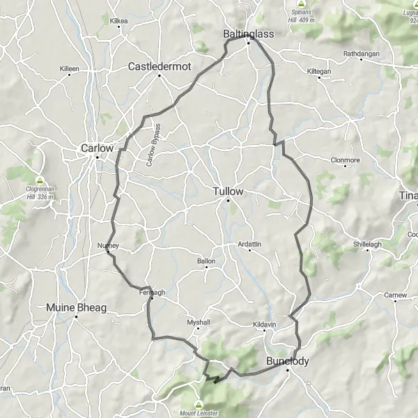 Map miniature of "Baltinglass to Nurney Adventure" cycling inspiration in Eastern and Midland, Ireland. Generated by Tarmacs.app cycling route planner