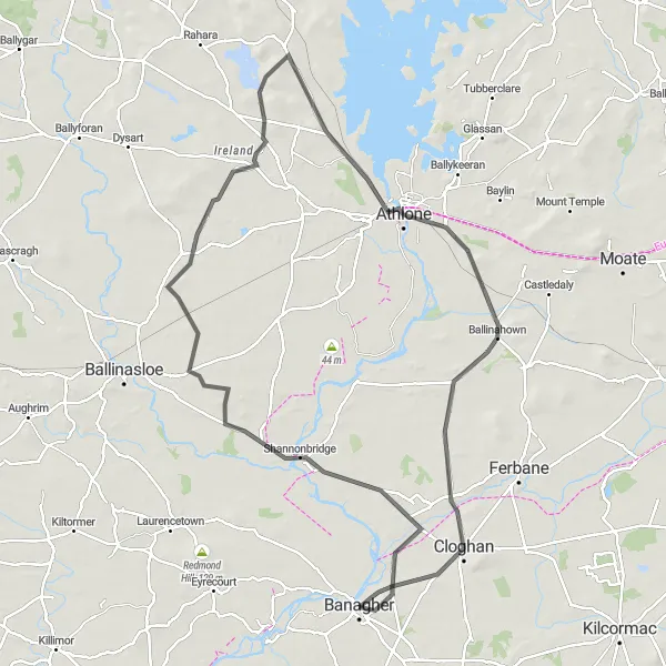 Map miniature of "Banagher Loop" cycling inspiration in Eastern and Midland, Ireland. Generated by Tarmacs.app cycling route planner