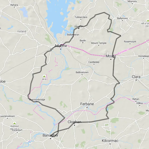 Map miniature of "Shannonbridge Loop" cycling inspiration in Eastern and Midland, Ireland. Generated by Tarmacs.app cycling route planner