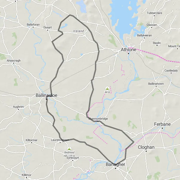 Map miniature of "The Shannon Valley Ride" cycling inspiration in Eastern and Midland, Ireland. Generated by Tarmacs.app cycling route planner