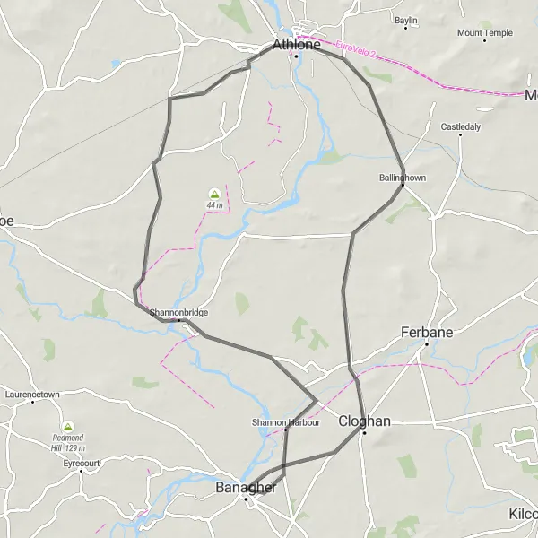 Map miniature of "Banagher to Shannon Harbour Loop" cycling inspiration in Eastern and Midland, Ireland. Generated by Tarmacs.app cycling route planner