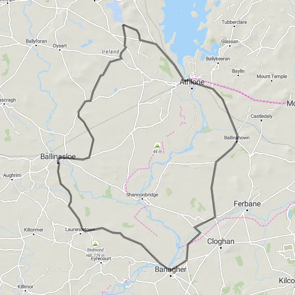 Map miniature of "The Midlands Discovery" cycling inspiration in Eastern and Midland, Ireland. Generated by Tarmacs.app cycling route planner