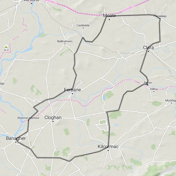 Map miniature of "Ferbane to Rahan Circuit" cycling inspiration in Eastern and Midland, Ireland. Generated by Tarmacs.app cycling route planner