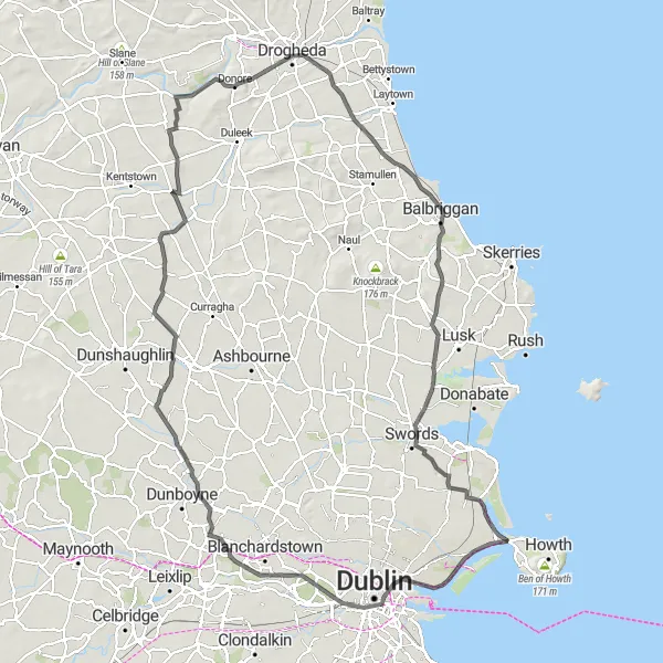 Map miniature of "Bayside to Newgrange Cultural Ride" cycling inspiration in Eastern and Midland, Ireland. Generated by Tarmacs.app cycling route planner