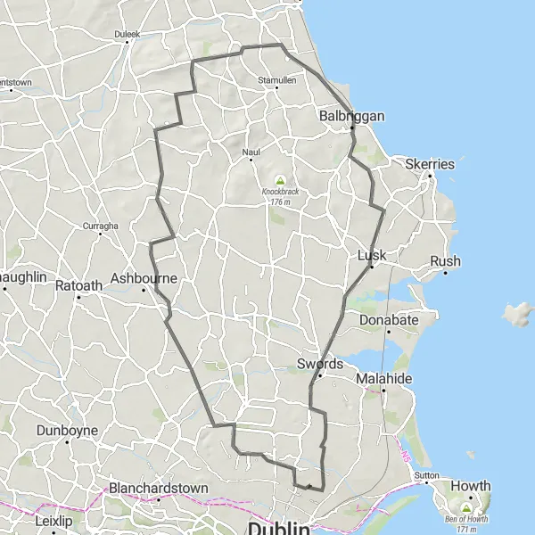 Map miniature of "Northern Coastal Ride" cycling inspiration in Eastern and Midland, Ireland. Generated by Tarmacs.app cycling route planner