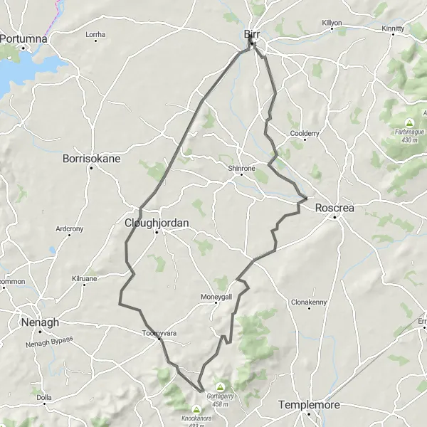 Map miniature of "The Birr to Waterfall Point Challenge" cycling inspiration in Eastern and Midland, Ireland. Generated by Tarmacs.app cycling route planner