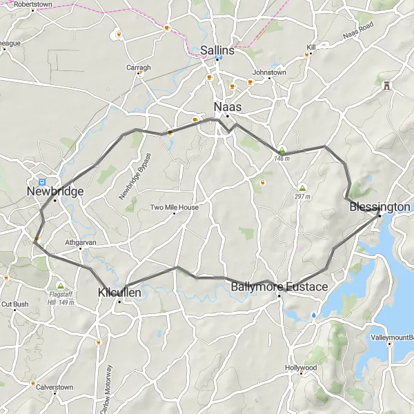 Map miniature of "Blessington Loop via Ballymore Eustace and Blessington" cycling inspiration in Eastern and Midland, Ireland. Generated by Tarmacs.app cycling route planner