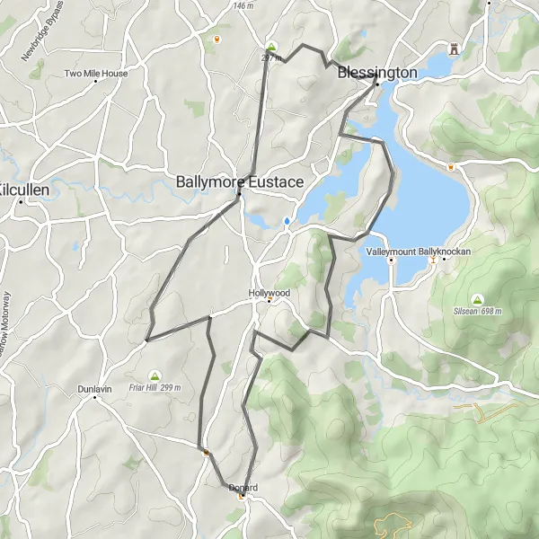 Map miniature of "Blessington Loop via Slievecorragh" cycling inspiration in Eastern and Midland, Ireland. Generated by Tarmacs.app cycling route planner