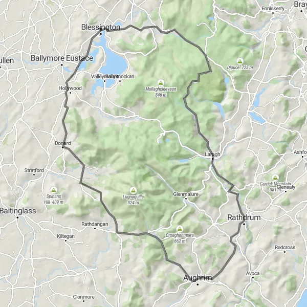 Map miniature of "Climbs and Valleys" cycling inspiration in Eastern and Midland, Ireland. Generated by Tarmacs.app cycling route planner
