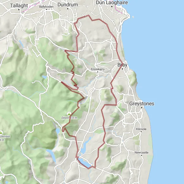 Map miniature of "Foxrock and the Great Sugarloaf" cycling inspiration in Eastern and Midland, Ireland. Generated by Tarmacs.app cycling route planner