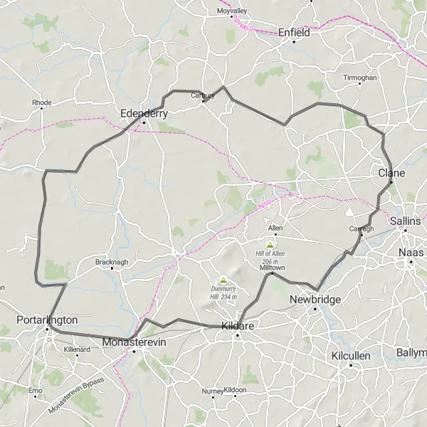 Map miniature of "The Kildare Loop" cycling inspiration in Eastern and Midland, Ireland. Generated by Tarmacs.app cycling route planner