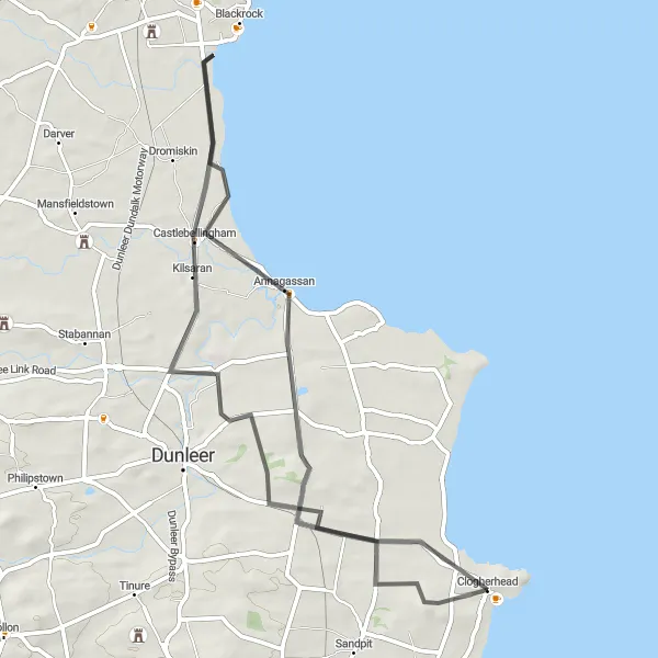 Map miniature of "Annagassan Coastal Ride" cycling inspiration in Eastern and Midland, Ireland. Generated by Tarmacs.app cycling route planner