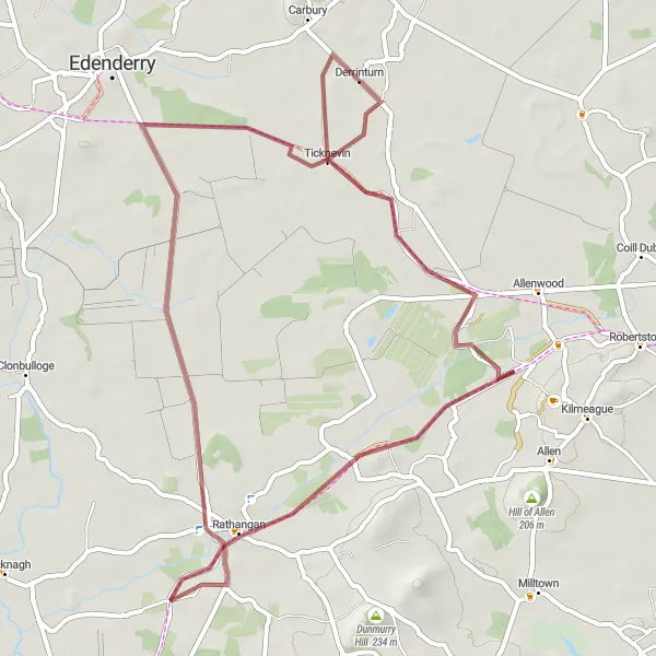 Map miniature of "Exploring Derrinturn's Gravel Paths" cycling inspiration in Eastern and Midland, Ireland. Generated by Tarmacs.app cycling route planner