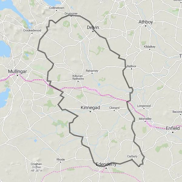 Map miniature of "Visions of Carbury and Drumcree" cycling inspiration in Eastern and Midland, Ireland. Generated by Tarmacs.app cycling route planner