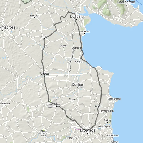 Map miniature of "Ardee and Castlebellingham Adventure" cycling inspiration in Eastern and Midland, Ireland. Generated by Tarmacs.app cycling route planner