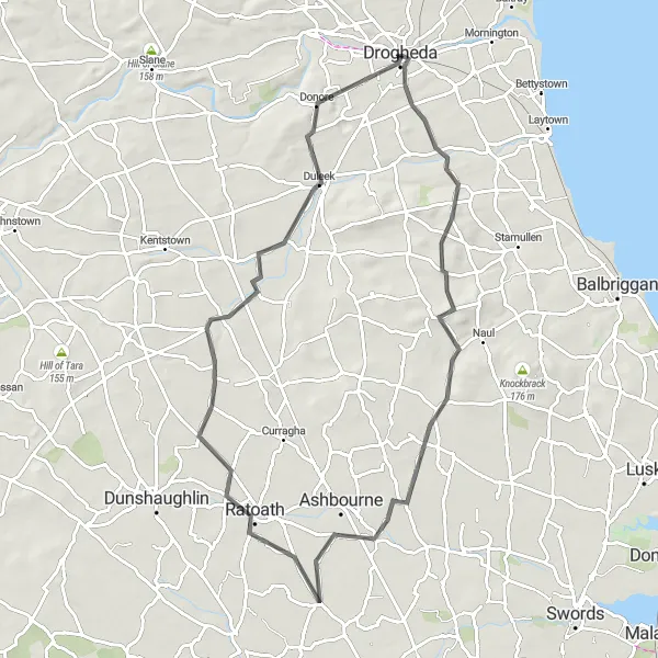 Map miniature of "Drogheda to Ratoath Loop" cycling inspiration in Eastern and Midland, Ireland. Generated by Tarmacs.app cycling route planner