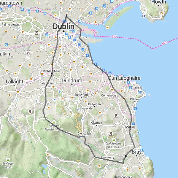 Map miniature of "Drumcondra to Enniskerry Road Loop" cycling inspiration in Eastern and Midland, Ireland. Generated by Tarmacs.app cycling route planner