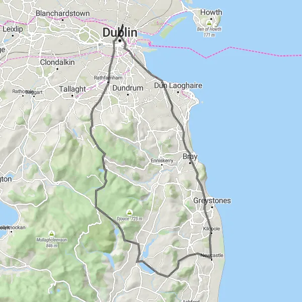 Map miniature of "Dublin to Wicklow Road Adventure" cycling inspiration in Eastern and Midland, Ireland. Generated by Tarmacs.app cycling route planner