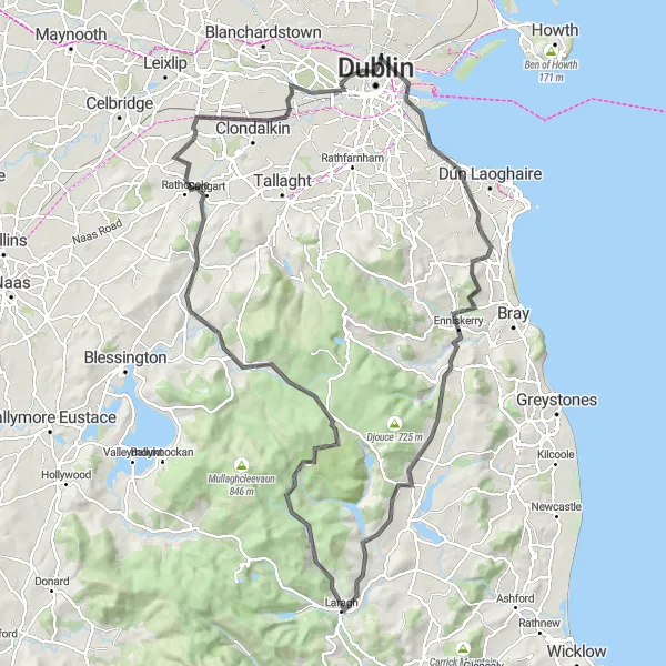 Map miniature of "Dublin Hills Challenge" cycling inspiration in Eastern and Midland, Ireland. Generated by Tarmacs.app cycling route planner