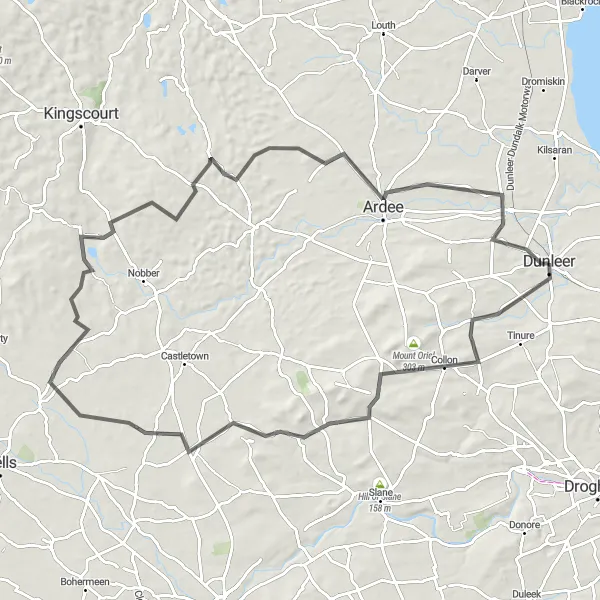 Map miniature of "Circular Route through Collon and Dunleer" cycling inspiration in Eastern and Midland, Ireland. Generated by Tarmacs.app cycling route planner