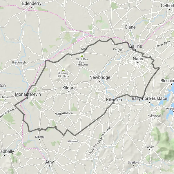 Map miniature of "Eadestown to Sallins Loop" cycling inspiration in Eastern and Midland, Ireland. Generated by Tarmacs.app cycling route planner