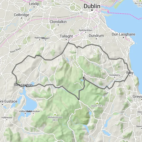 Map miniature of "Eadestown to Blessington Loop" cycling inspiration in Eastern and Midland, Ireland. Generated by Tarmacs.app cycling route planner