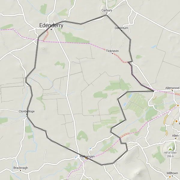 Map miniature of "Edenderry to Lullymore Heritage Park Loop" cycling inspiration in Eastern and Midland, Ireland. Generated by Tarmacs.app cycling route planner