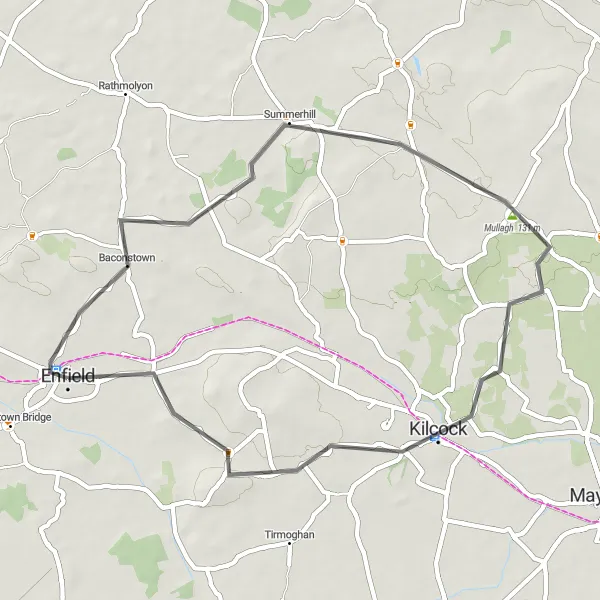 Map miniature of "Enfield and Mullagh Circuit" cycling inspiration in Eastern and Midland, Ireland. Generated by Tarmacs.app cycling route planner
