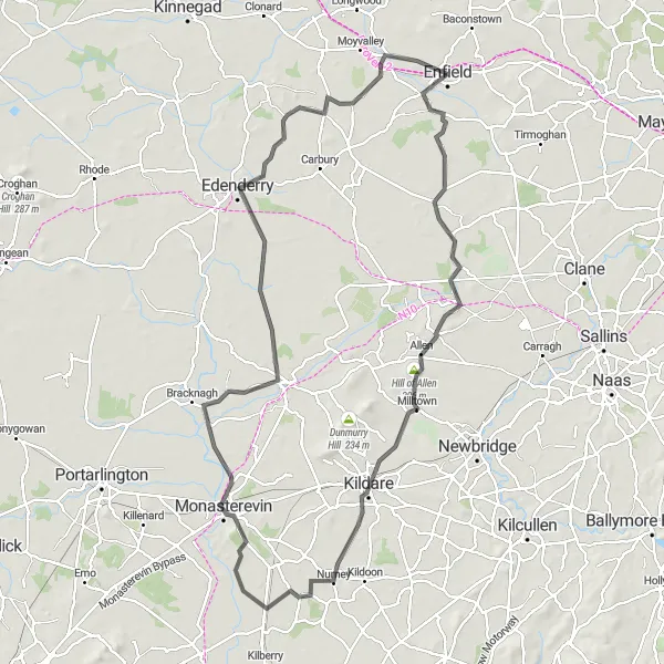 Map miniature of "Enfield Delight" cycling inspiration in Eastern and Midland, Ireland. Generated by Tarmacs.app cycling route planner