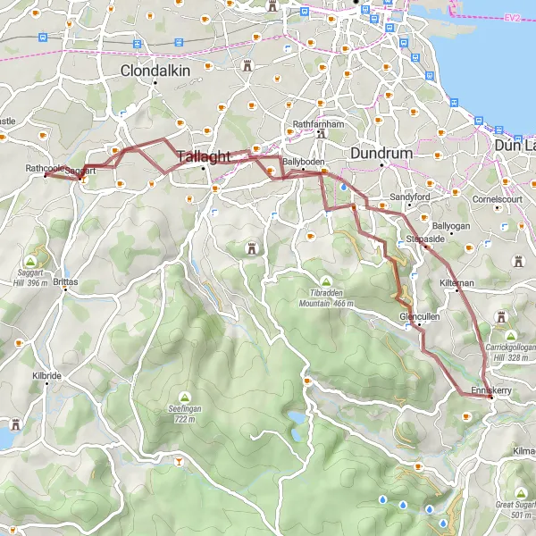 Map miniature of "Gravel & Hills" cycling inspiration in Eastern and Midland, Ireland. Generated by Tarmacs.app cycling route planner