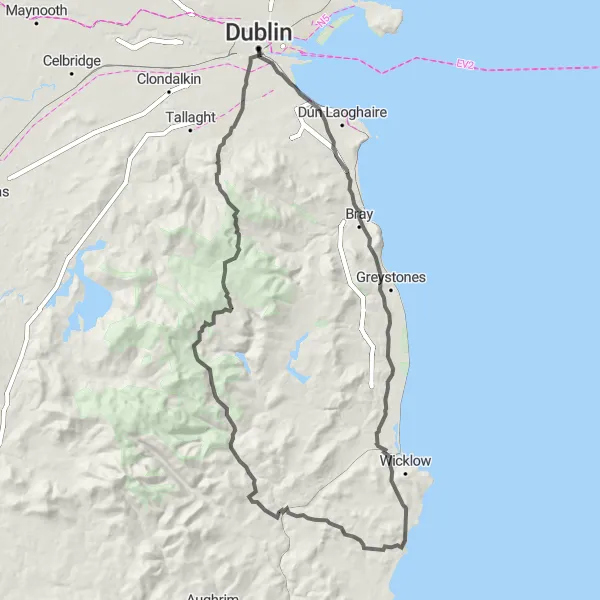 Map miniature of "Southern Coastal Adventure" cycling inspiration in Eastern and Midland, Ireland. Generated by Tarmacs.app cycling route planner