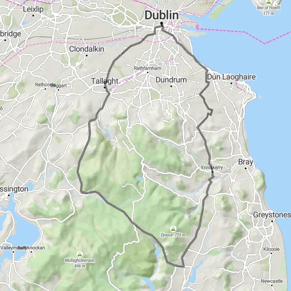 Map miniature of "The Challenge of County Dublin" cycling inspiration in Eastern and Midland, Ireland. Generated by Tarmacs.app cycling route planner