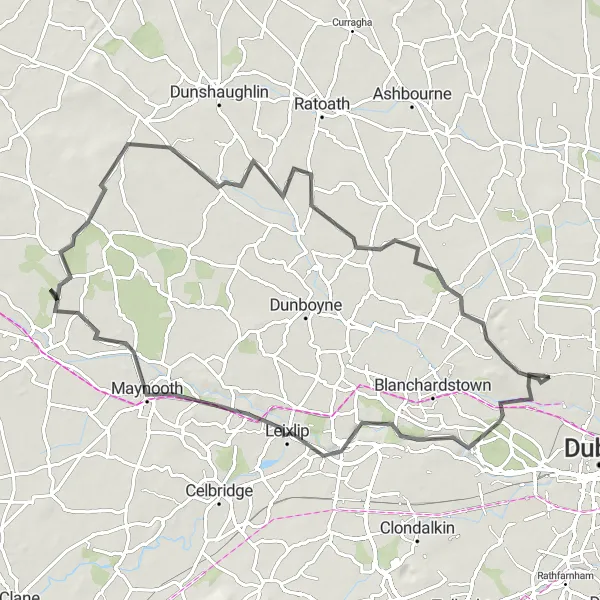 Map miniature of "Finglas to Maynooth Loop" cycling inspiration in Eastern and Midland, Ireland. Generated by Tarmacs.app cycling route planner