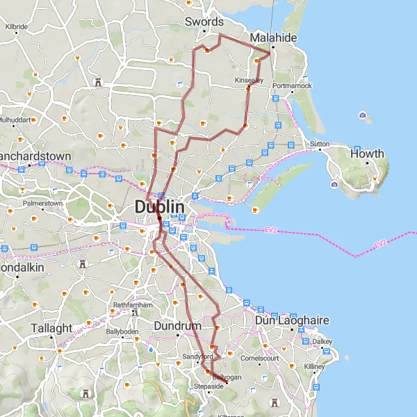 Map miniature of "Coastal Gravel Adventure" cycling inspiration in Eastern and Midland, Ireland. Generated by Tarmacs.app cycling route planner