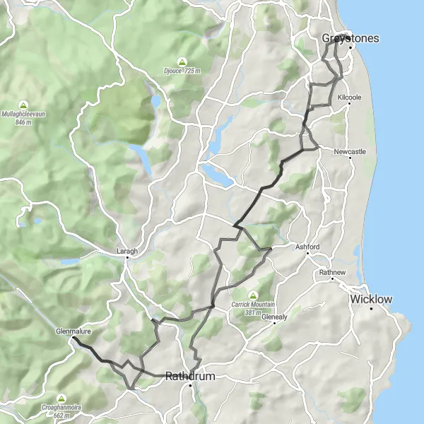 Map miniature of "The Wicklow Epic" cycling inspiration in Eastern and Midland, Ireland. Generated by Tarmacs.app cycling route planner