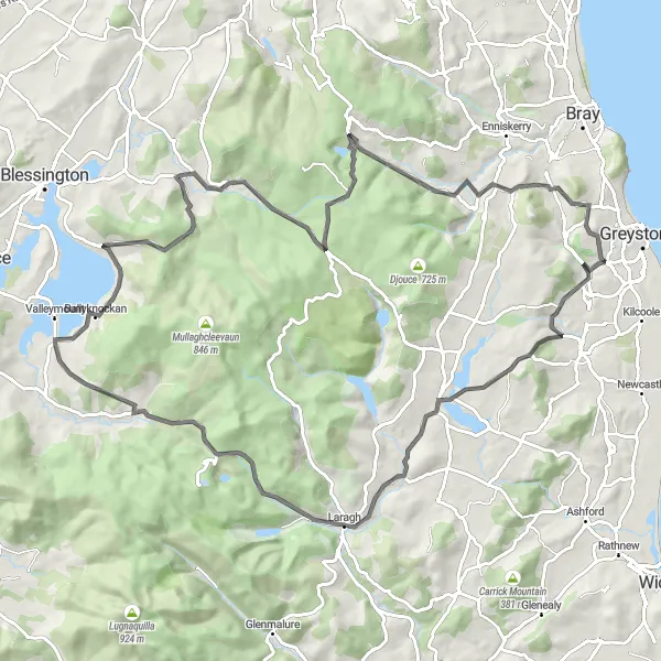 Map miniature of "Mountainous Wicklow Adventure" cycling inspiration in Eastern and Midland, Ireland. Generated by Tarmacs.app cycling route planner