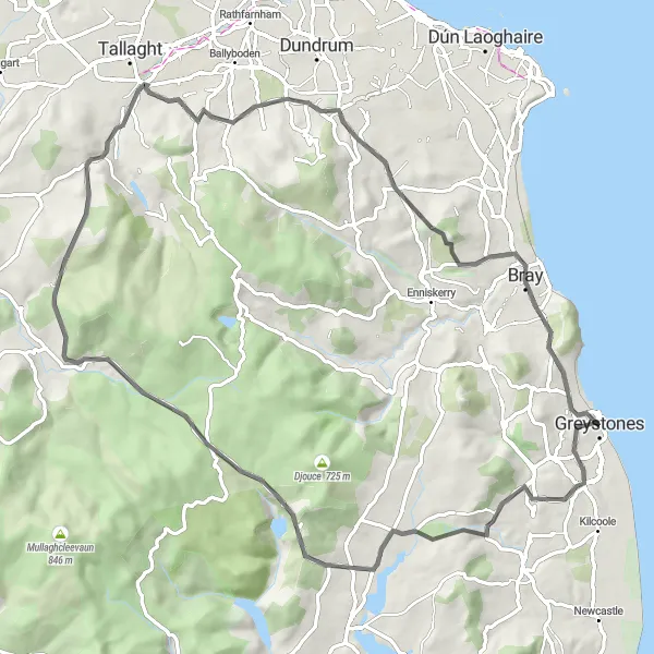 Map miniature of "East Wicklow Loop" cycling inspiration in Eastern and Midland, Ireland. Generated by Tarmacs.app cycling route planner