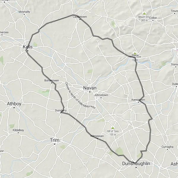 Map miniature of "Slane Castle, Kentstown, Dunsany Castle, and Kells Round Tower Expedition" cycling inspiration in Eastern and Midland, Ireland. Generated by Tarmacs.app cycling route planner