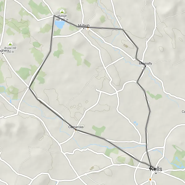 Map miniature of "Historic Ride through Carnaross, Mullagh Hill, Moynalty, and Kells Round Tower" cycling inspiration in Eastern and Midland, Ireland. Generated by Tarmacs.app cycling route planner