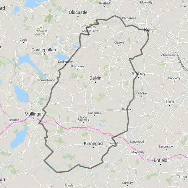 Map miniature of "Athboy, Clonard, Rochfortbridge, Collinstown, Loughcrew Megalithic Tombs, Slieve Na Calliagh, and Kells Round Tower" cycling inspiration in Eastern and Midland, Ireland. Generated by Tarmacs.app cycling route planner