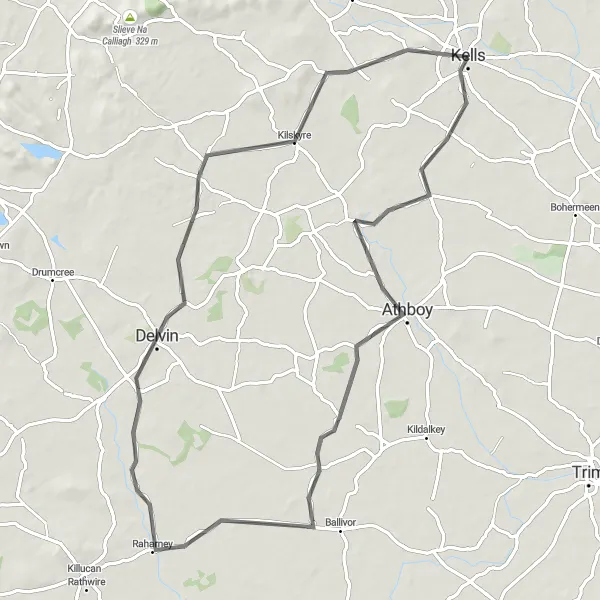 Map miniature of "Athboy, Raharney, Delvin, and the Majestic Kells Round Tower" cycling inspiration in Eastern and Midland, Ireland. Generated by Tarmacs.app cycling route planner