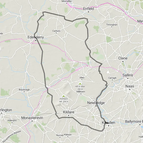 Map miniature of "Kilcullen and Newbridge Adventure" cycling inspiration in Eastern and Midland, Ireland. Generated by Tarmacs.app cycling route planner