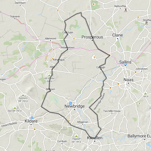 Map miniature of "The Hill of Allen Loop" cycling inspiration in Eastern and Midland, Ireland. Generated by Tarmacs.app cycling route planner