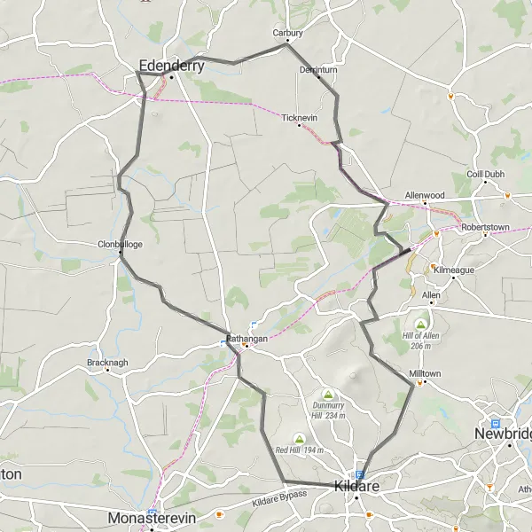 Map miniature of "Kildare Round Tower Circuit" cycling inspiration in Eastern and Midland, Ireland. Generated by Tarmacs.app cycling route planner