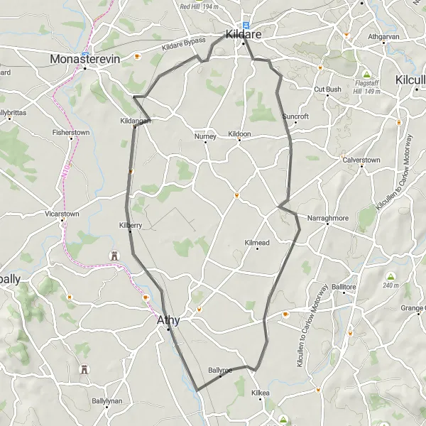 Map miniature of "Kildare Countryside Adventure" cycling inspiration in Eastern and Midland, Ireland. Generated by Tarmacs.app cycling route planner