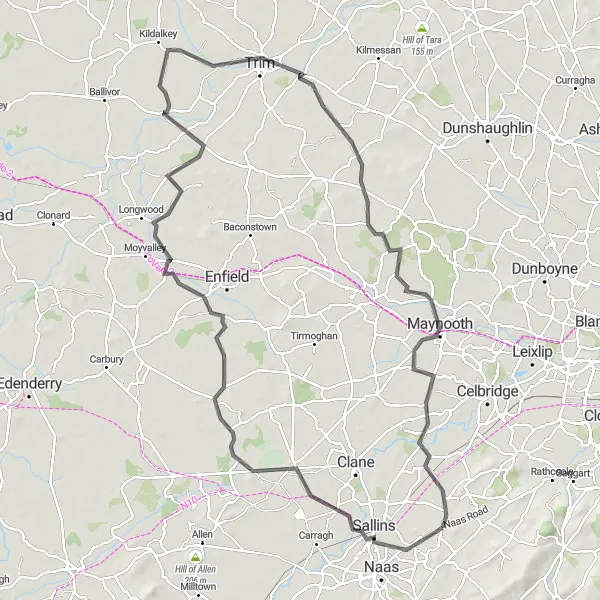 Map miniature of "Prosperous to Straffan" cycling inspiration in Eastern and Midland, Ireland. Generated by Tarmacs.app cycling route planner