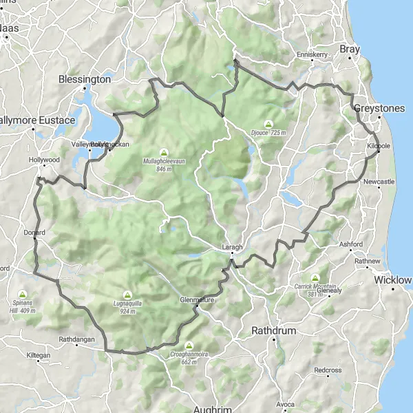 Map miniature of "Wicklow Mountain Challenge" cycling inspiration in Eastern and Midland, Ireland. Generated by Tarmacs.app cycling route planner